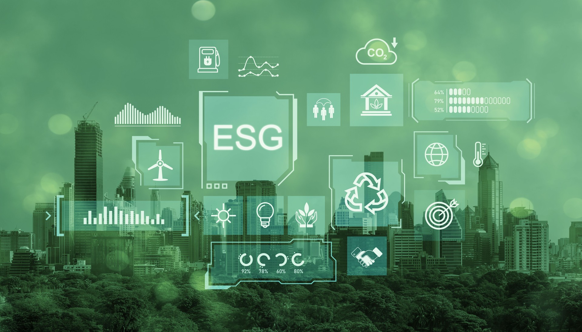 ESG concept icons over green cityscape with skyscrapers and trees.